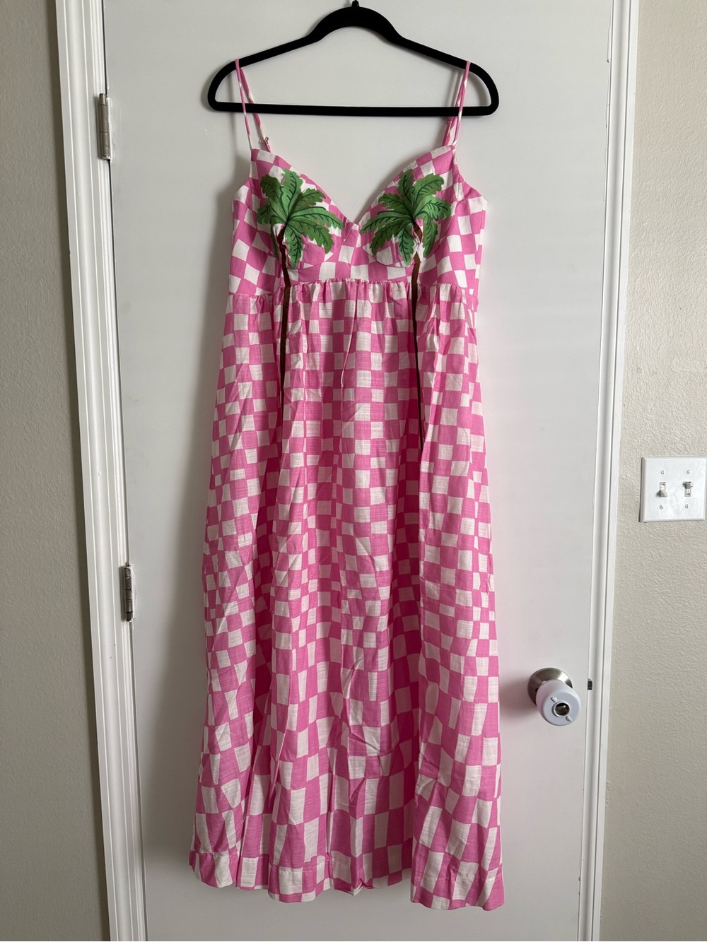 SOLD FARM Rio Pink White Check Palm-Embroidered Maxi Dress - Picture 3 of 3